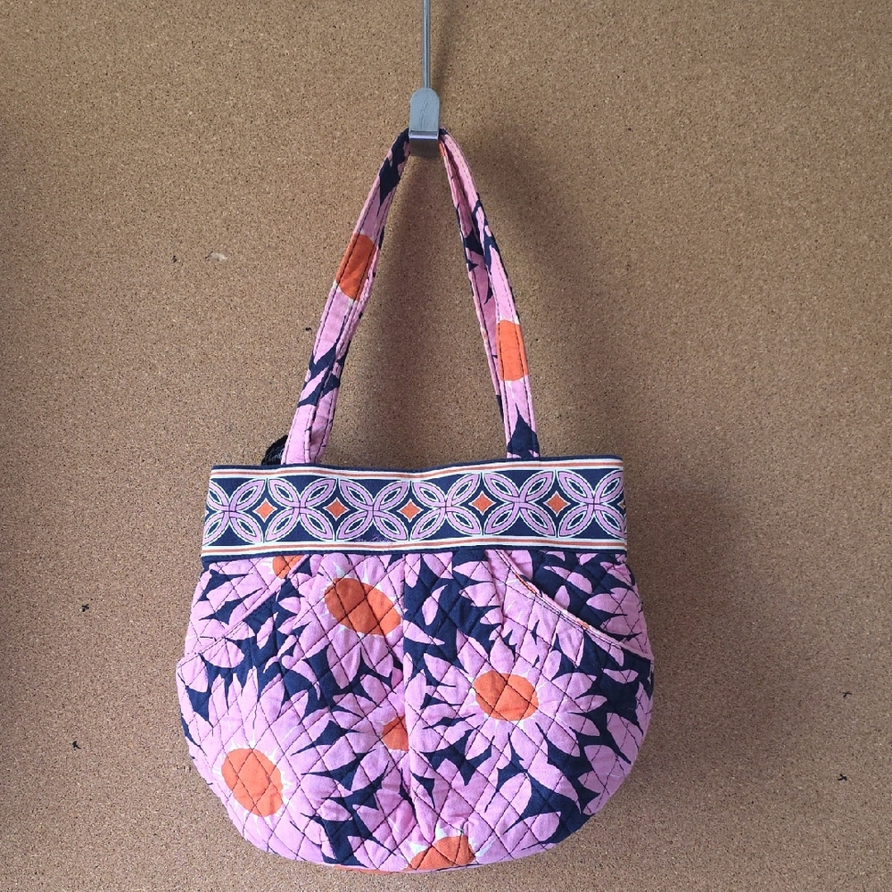Vera Bradley Quilted Floral Tote Bag Pink Orange Navy Retired Pattern Shoulder